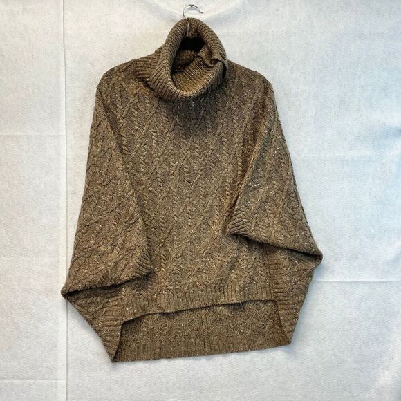 ANTHROPOLOGIE Corinne Cable Knit Poncho Sweater Small Taupe Tan Cowl Oversized - Picture 6 of 15